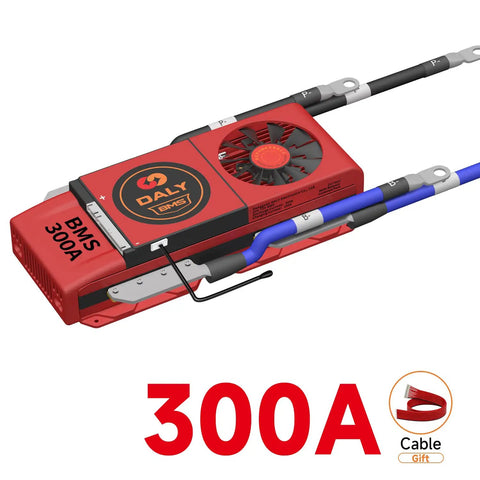 Heavy Duty 72 Volt Lithium Ion Battery Management System Delivers 300 Amp Output And Integrated Cooling Fan, red case, power connectors visible.
