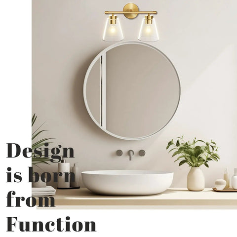 Contemporary bathroom with 2 Light Gold Brass Vanity Wall Lights Over Mirror With Clear Glass Shades For Bathroom Kitchen And Living Room Durable Anti Rust Finish Damp Location Rated Modern Sconce Lighting.