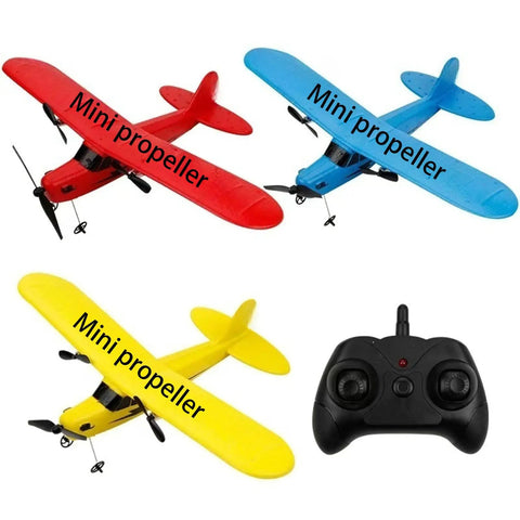 Three RC aircraft models in red, blue, and yellow with mini propellers, alongside a black remote control. Pro Grade 20-Pack 1.38 Inch Mini Propellers For RC Aircraft 0.03 Inch Axle Shaft Compatible With 614 615 716 Motors Durable Nylon Replacement Blades For Quadcopter Smooth Spin Ideal Spare Props