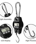 Digital Hanging Crane Scale 660Lb 300Kg With Hold And Tare, showing LCD display and stainless steel hook, black aluminum body