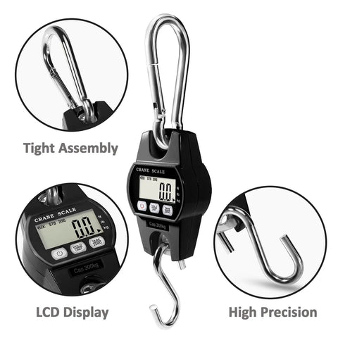 Digital Hanging Crane Scale 660Lb 300Kg With Hold And Tare, showing LCD display and stainless steel hook, black aluminum body