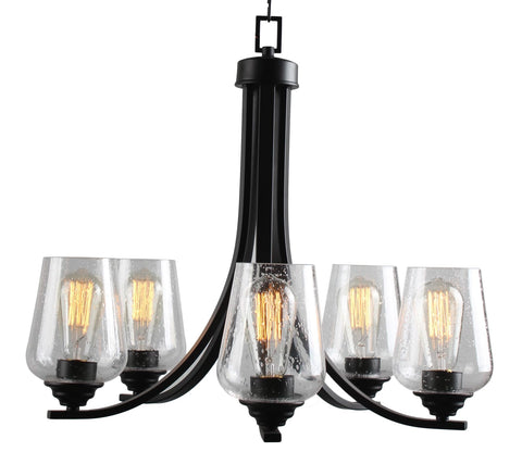 Shyloh 3 Light Chandelier In Coal Black, dimmable with clear seeded glass shades, modern industrial design