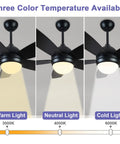 Coal Black DC Motor Ceiling Fan With Lights, Dope 42 Inch, showing three light colors: warm, neutral, and cold for versatile use.