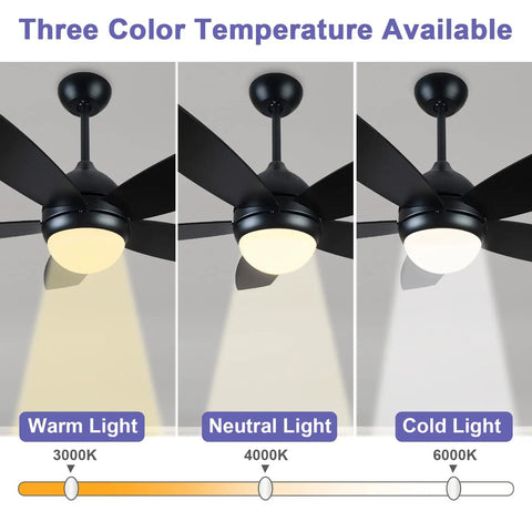 Coal Black DC Motor Ceiling Fan With Lights, Dope 42 Inch, showing three light colors: warm, neutral, and cold for versatile use.