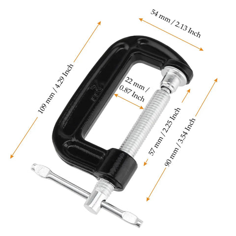 Fifteen Piece 2 Inch G Clamp Set Black Metal C Clamps With 50mm Jaw Opening For Woodworking Metalworking And Assembly Projects Great For Welding And Fastening Heavy Duty Cast Iron Frame Delivers Strong Grip And Smooth Clamping. Black cast iron G clamp with 50mm jaw opening and screw handle