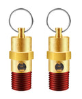 Two brass 1/4'' NPT air compressor pressure relief valves with red threaded bodies and pull rings.