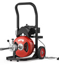 Heavy Duty Electric Sewer Auger Tough As Nails Walk Along Drain Cleaner with red cable drum and auto feed feature.