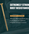 Deck Screws Kit 150 Pcs Tan Assortment With T25 Bit For Pressure Treated Lumber And Composite Decking, Rust Resistant Carbon Steel, Salt Spray Tested Over 1000 Hours, Heavy Duty Outdoor Fasteners. tan screw close-up, rust-resistant coating shown