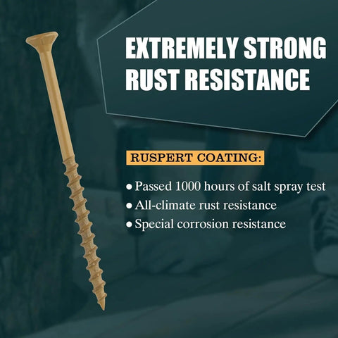 Deck Screws Kit 150 Pcs Tan Assortment With T25 Bit For Pressure Treated Lumber And Composite Decking, Rust Resistant Carbon Steel, Salt Spray Tested Over 1000 Hours, Heavy Duty Outdoor Fasteners. tan screw close-up, rust-resistant coating shown