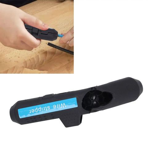 Handheld Electric Wire Stripper Tool Portable Electrical Cable Insulation Remover Slitting Blade ABS Grip in use on wooden surface.