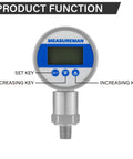 MEASUREMAN digital remote pressure gauge with round body, blue LED display and three control buttons (SET, down, up)