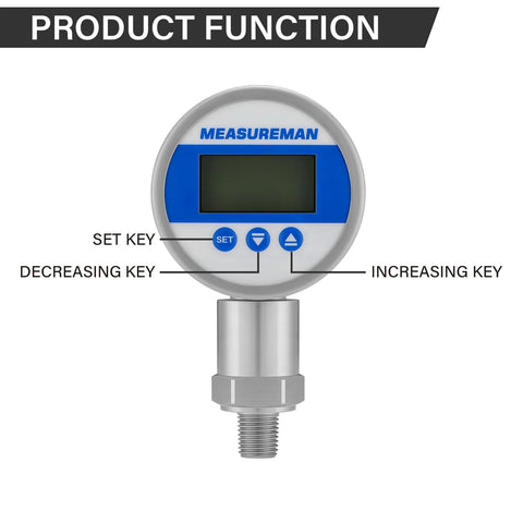 MEASUREMAN digital remote pressure gauge with round body, blue LED display and three control buttons (SET, down, up)