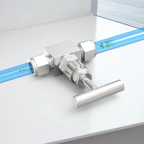 Side view of inline 304 stainless steel high-pressure straight needle valve with 3/8 in tube OD fittings on blue tubing