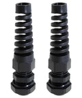 Pair of NPT Three Eighths Inch IP68 waterproof cable gland bend relief spiral strain relief black nylon connectors.
