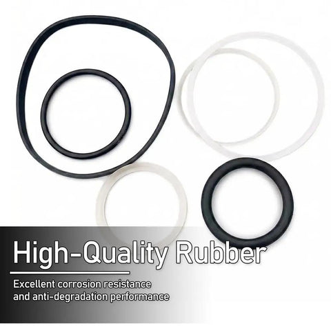 Score This Dope 17 Piece Bottle Jack Repair Kit For 3 Ton Hydraulic Vertical Lift With Ram Piston Pump Seals O Rings Gaskets And Bleed Screw For A Slick Straightforward Rebuild showing various rubber seals in black and white.