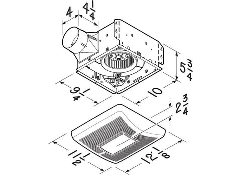 Illustration of Ventilation Fan With Light For Bathroom, 70 CFM Quiet Exhaust, 2.0 Sones, roomside installation dimensions.