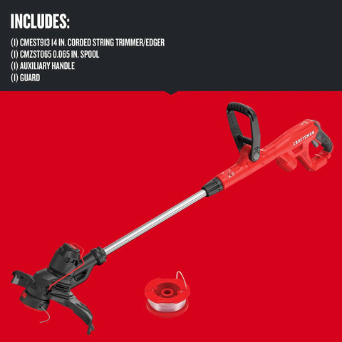 Corded 6.5 Amp String Trimmer With 14 Inch Cutting Width Push Button Line Feed 0.065 Inch Line on red background
