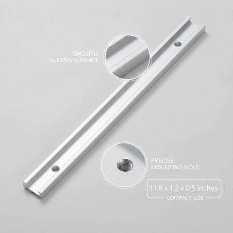 Pro Grade T Slot Aluminum Track With Precision Sliding Guide For Table Saw And Router Jigs 11.8 Inch Silver Rail shown close-up