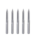 Five silver carbide straight router bits with 1/8 in shank, 2-flute end mills