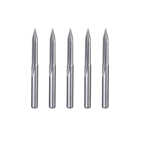 Five silver carbide straight router bits with 1/8 in shank, 2-flute end mills