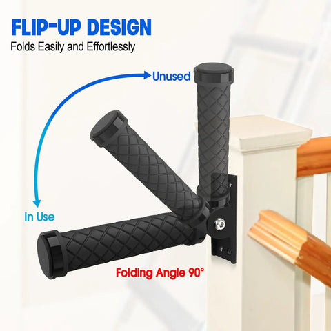Heavy Duty Folding Grab Bar With Smooth Flip Action For Doorways And Stairs Space Saving Wall Mount Assist Handle showing flip-up design with textured grips.