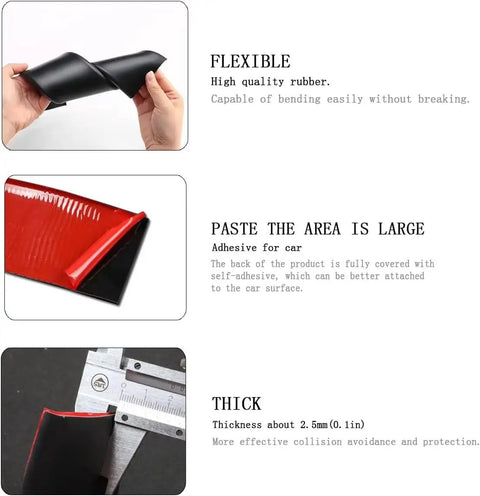 Flexible black Premium Solid Rubber Car Skirt Guard Strip For Tesla Cybertruck Crush Proof showing adhesive backing and thickness.