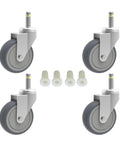 Four 2-inch swivel stem casters with gray rubber wheels and 7/16-inch stems; includes white mounting bushings
