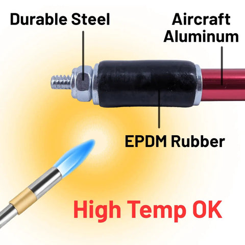 Close-up of high heat Jet Swet Pro Plug showing durable steel, aircraft aluminum, and EPDM rubber for water line repairs.