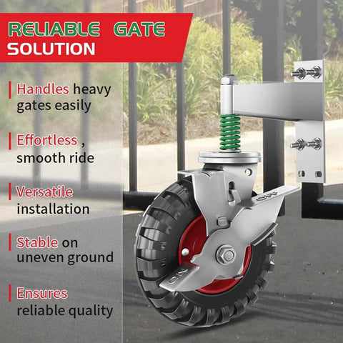 8 Inch Gate Wheel With Brake For Metal Tube Gates 600 Lb Capacity 360 Degree Swivel Heavy Duty Gate Caster Spring Loaded