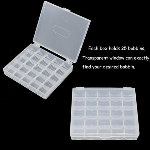 Clear plastic bobbin organizer box with 25 compartments for sewing machine bobbins, lid open view
