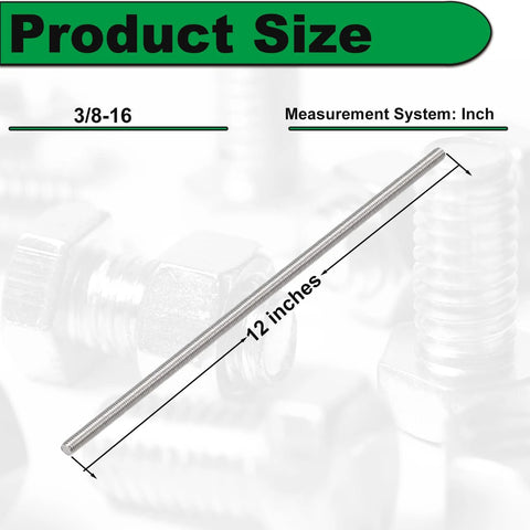 Two 12-inch 3/8-16 stainless steel right-hand UNC threaded all-thread rods