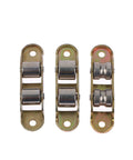 Straight Up Durable 8 Pack Sliding Door Pulleys Built Tough In Stainless Steel With Dual Wheels And Simple Height Adjustments For Ultra Smooth Gliding On Any Standard Track Zero Hassle Replacement Rollers. Close-up of three stainless steel dual-wheel sliding door pulleys.