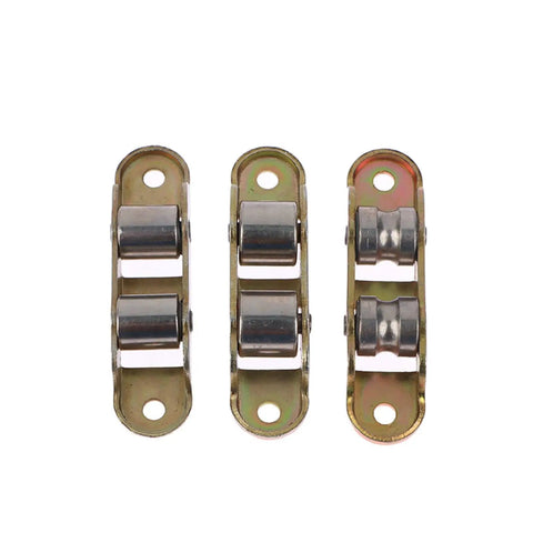 Straight Up Durable 8 Pack Sliding Door Pulleys Built Tough In Stainless Steel With Dual Wheels And Simple Height Adjustments For Ultra Smooth Gliding On Any Standard Track Zero Hassle Replacement Rollers. Close-up of three stainless steel dual-wheel sliding door pulleys.