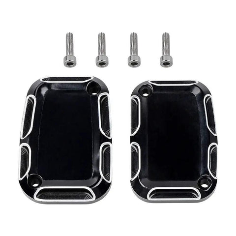 Premium CNC Machined Brake Clutch Master Cylinder Covers For Custom Cruisers in black anodized aluminum with mounting screws.