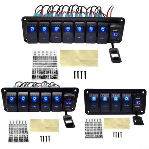 Heavy Duty Waterproof Rocker Switch Panel 5 6 8 Gang With LED Lights And Voltmeter for marine vehicles, aluminum construction.