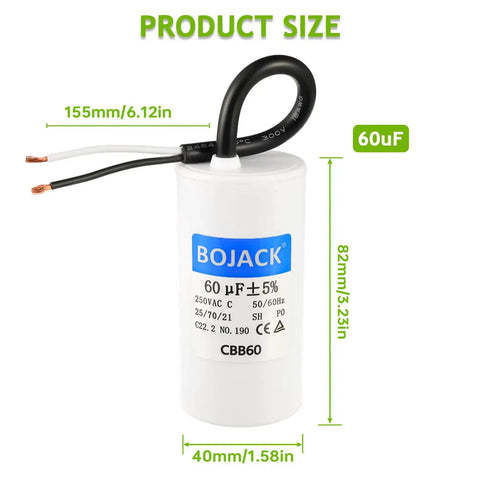 60uF 250V AC CBB60 Motor Run Capacitor Two Wire 50 60 Hz Cylinder Style 155mm length, 82mm height, 40mm width