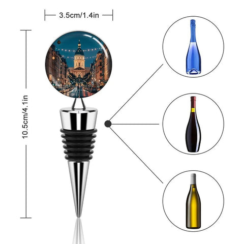 Premium Leakproof Vacuum Wine Pump Stopper And Reusable Bottle Sealer Crafted With Zinc Alloy, showcasing size and design with wine bottles.