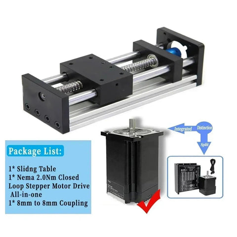 80mm Width Ballscrew Slide Table SFU1605 CNC Linear Stage Motion Module With NEMA23 57mm Motor Kit, shown with motor and coupling