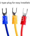 Close-up of blue, yellow, and red U-type plugs for easy installation in Illuminated Rocker Switch Power Inlet Module Plug Kit.