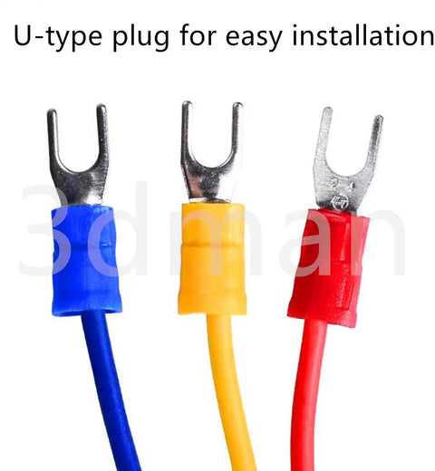 Close-up of blue, yellow, and red U-type plugs for easy installation in Illuminated Rocker Switch Power Inlet Module Plug Kit.