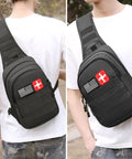 Black tactical sling bag for outdoor survival with red cross and US flag patches.
Black tactical sling bag side view showing MOLLE-style webbing and padded strap.