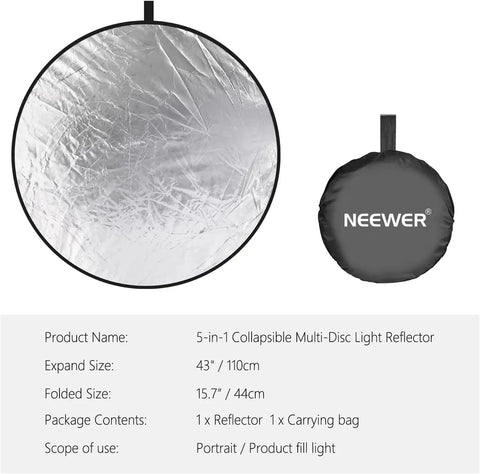 Silver surface of 43 Inch 110cm 5 In 1 Collapsible Light Reflector Diffuser With Bag For Studio And Outdoor Photography shown expanded and folded.