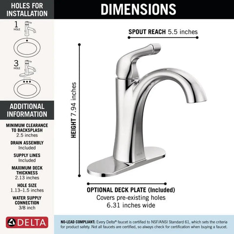 Chrome Bathroom Faucet For Vanity With 1 Hole Install, Single Hole Sink Faucet, Push Pop Drain Assembly, Deck Plate Included