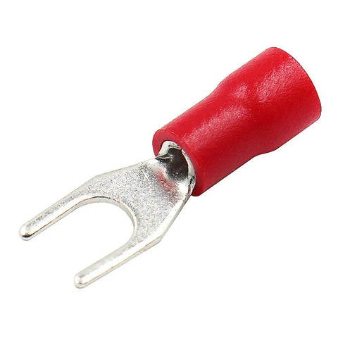 Red insulated fork spade terminal connector for 22 to 16 AWG wires, tin-plated, 4.3 mm hole, PVC sleeve, auto DIY use.