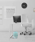 Sleek Modern Mosaic Glass Bathroom Trash Can 5L, 7 By 10 Inches in an office next to a white desk and chair, turquoise green.