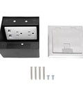 Heavy Duty Recessed Floor Outlet Kit With Bulletproof Stainless Steel Safety Cover And Tamper Resistant Doors, black box with 2 outlets.