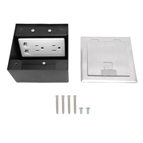 Heavy Duty Recessed Floor Outlet Kit With Bulletproof Stainless Steel Safety Cover And Tamper Resistant Doors, black box with 2 outlets.