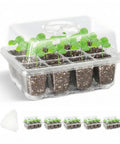 Five Pack Seed Starter Tray Kit With Humidity Dome 60 Cells Total Seed Starting Trays, seedlings growing under a clear lid