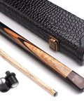 Top Shelf Snooker Cue Stick Built With Real Canada Ash Shaft And Slick Brass Joint For Game Changing Precision Shooting Heavy Hitter Balance Comes With Tough Case, showcasing black case, cue, and accessories.