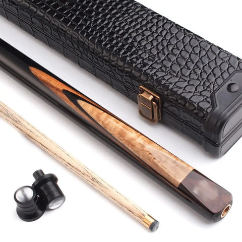 Top Shelf Snooker Cue Stick Built With Real Canada Ash Shaft And Slick Brass Joint For Game Changing Precision Shooting Heavy Hitter Balance Comes With Tough Case, showcasing black case, cue, and accessories.